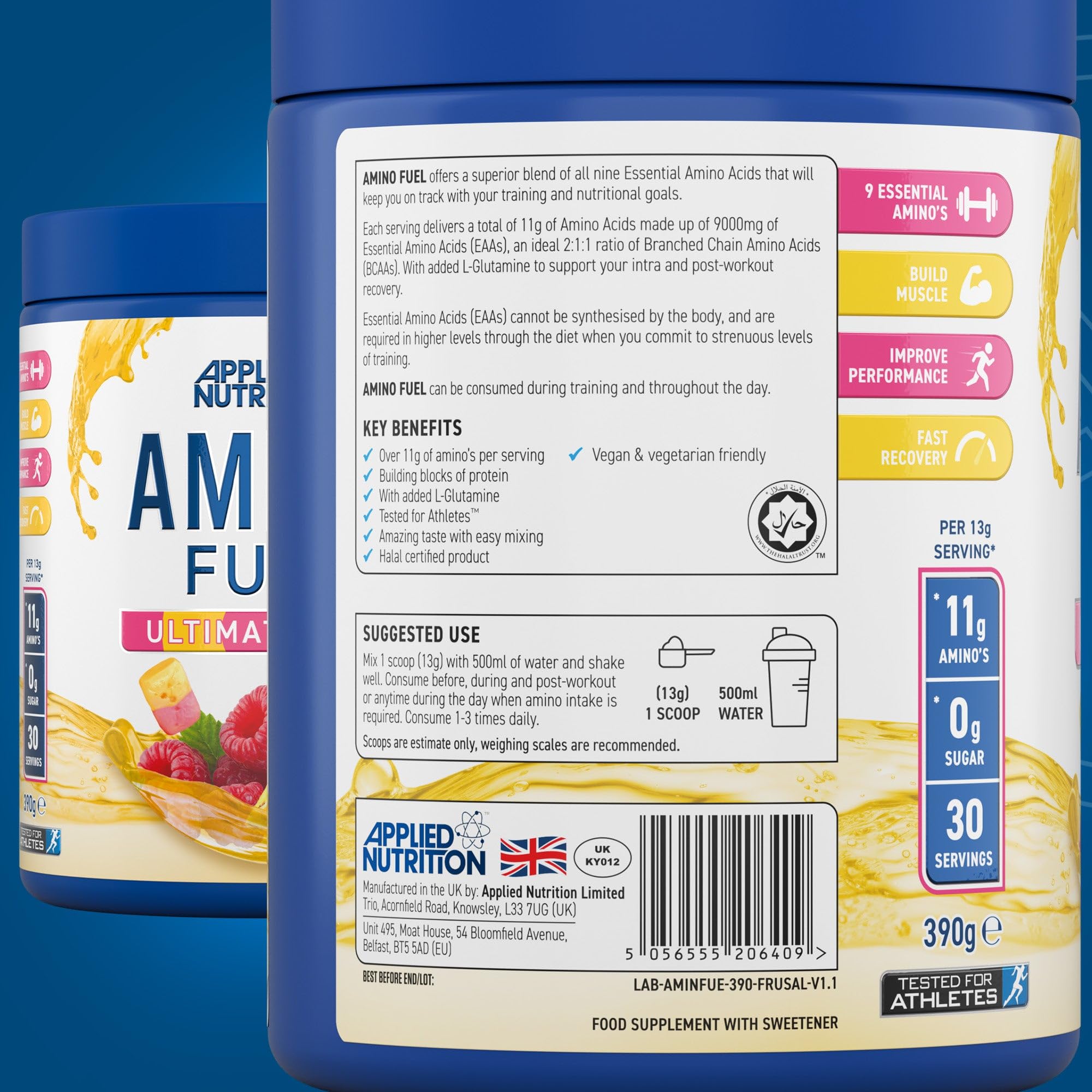 Applied Nutrition Amino Fuel EAA supplement back panel with ingredients and directions
