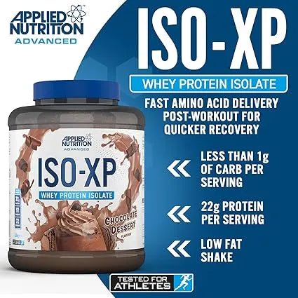 Applied Nutrition ISO-XP protein isolate supplement facts panel showing macros and amino acid profile