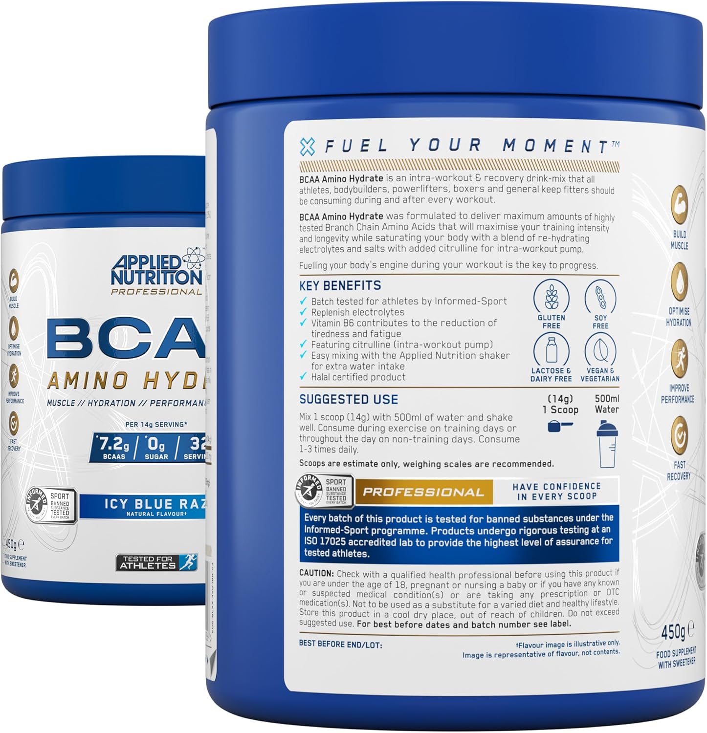 BCAA Amino Hydrate supplement alternate container view showing product size and packaging