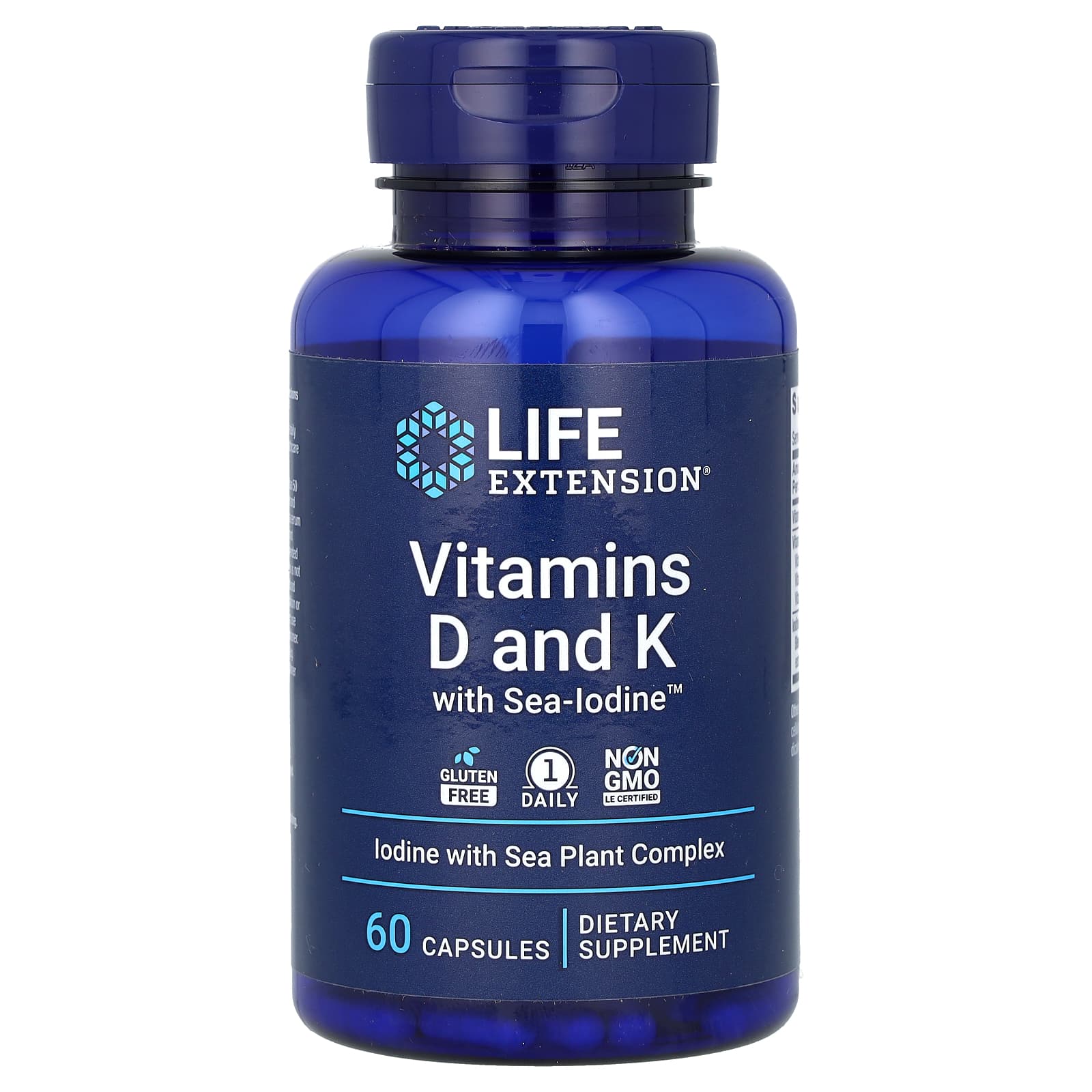 Life Extension Vitamins D and K with Sea-Iodine 60 capsules supplement bottle front