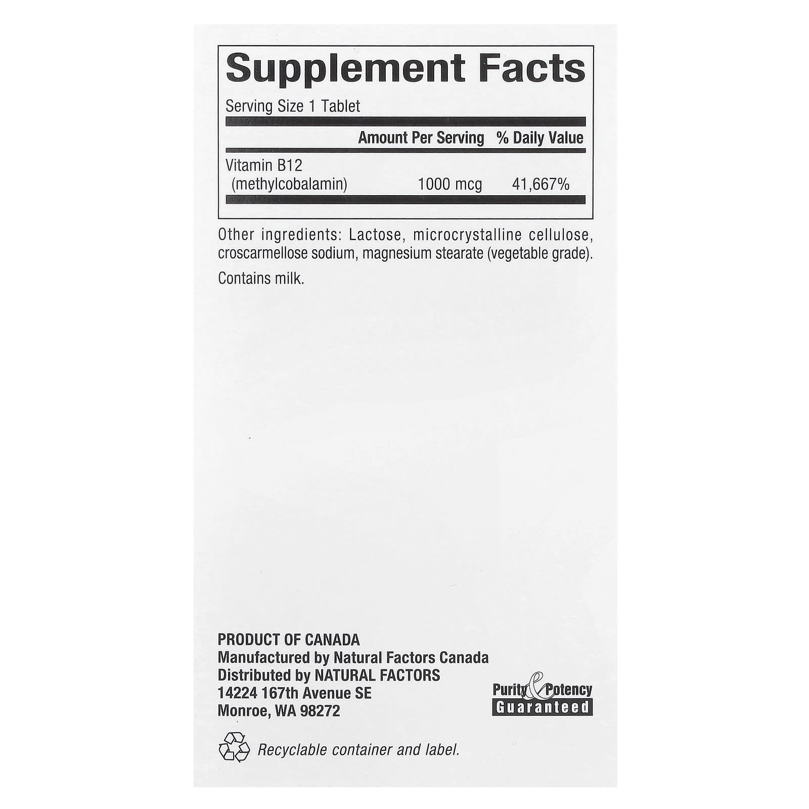 Natural Factors Methylcobalamin B12 1000 mcg chewable tablets side panel showing product info