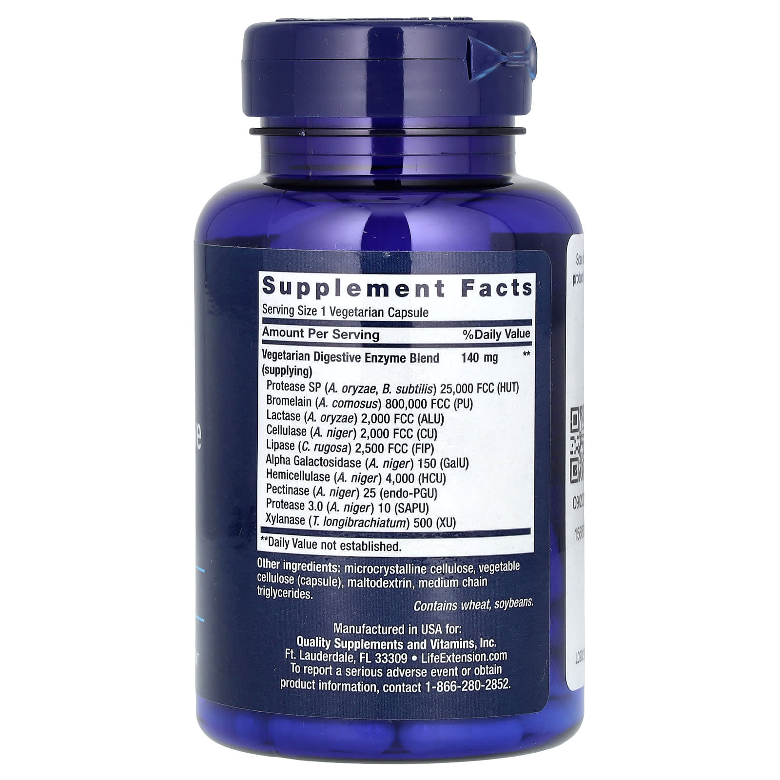Life Extension digestive enzyme supplement capsules ingredient and nutrition facts label