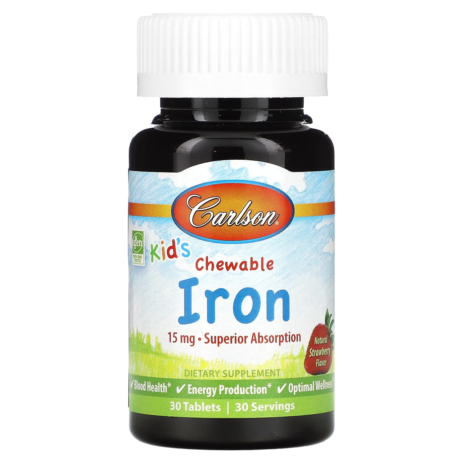 Carlson Kids Chewable Iron Strawberry 15mg 30 tablets front packaging for children's iron supplement