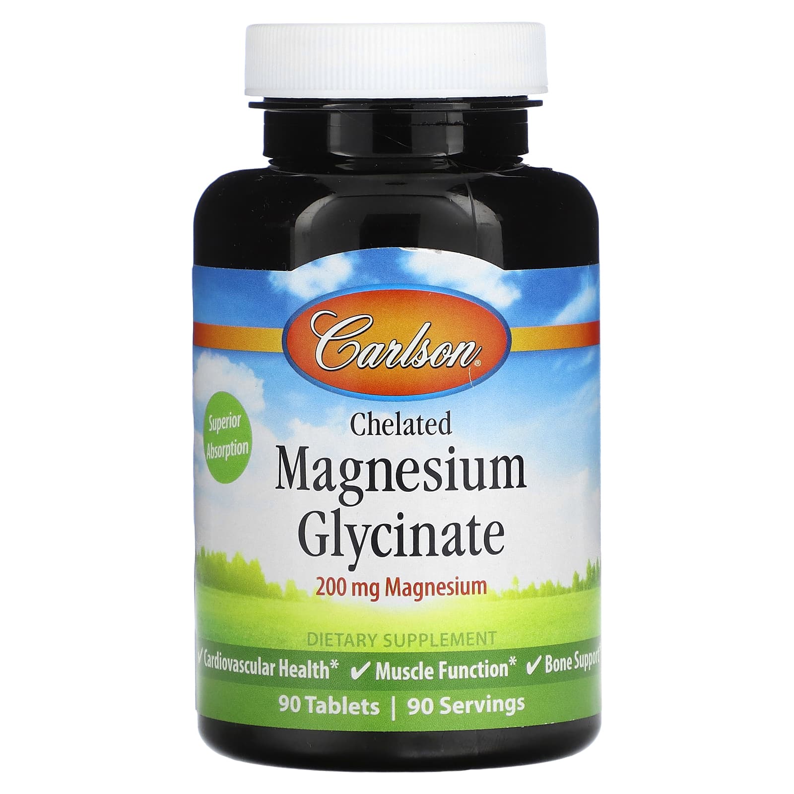 Carlson Chelated Magnesium Glycinate 200mg 90 tablets front view of mineral supplement packaging