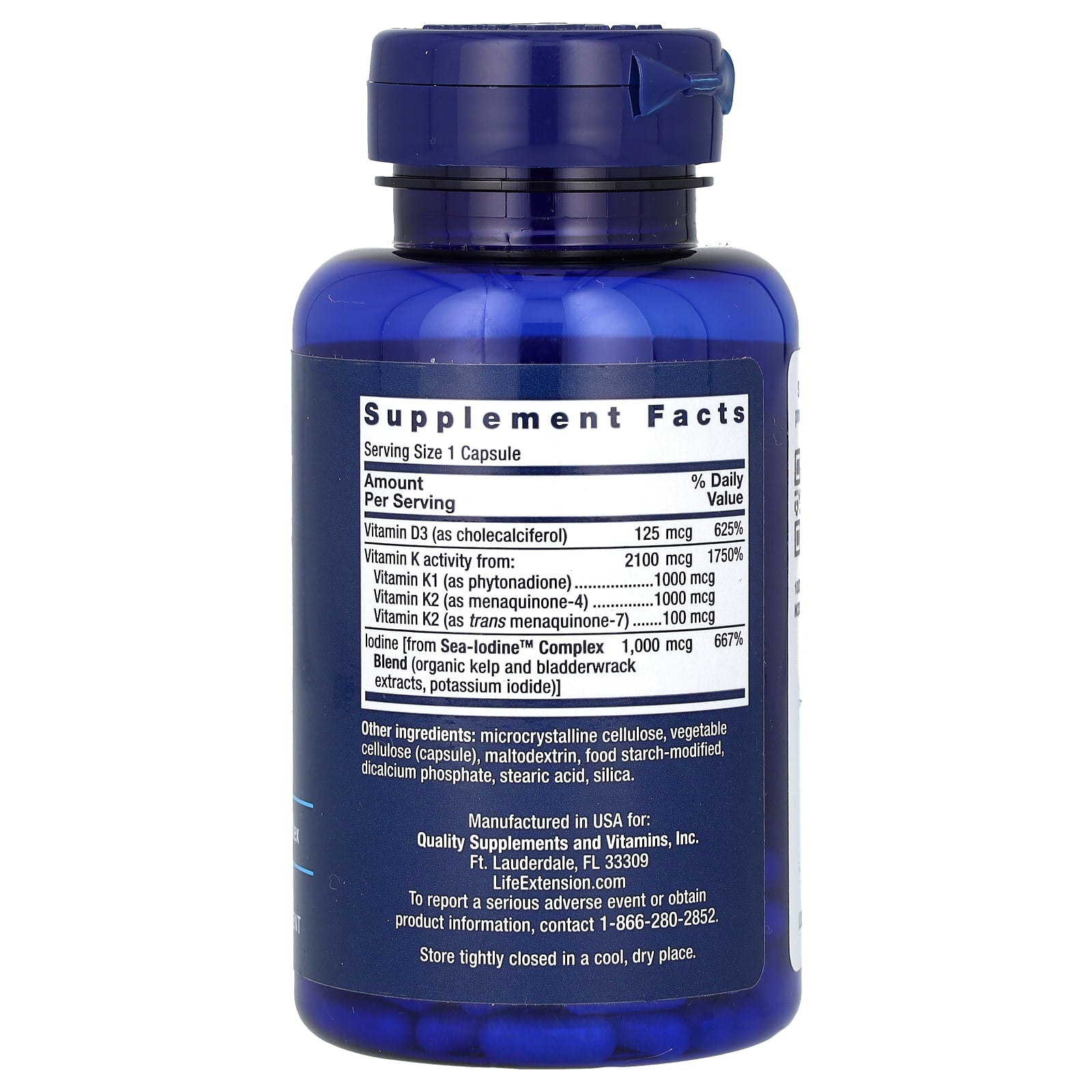 Life Extension Vitamin D K Sea-Iodine capsules back panel with supplement facts detail