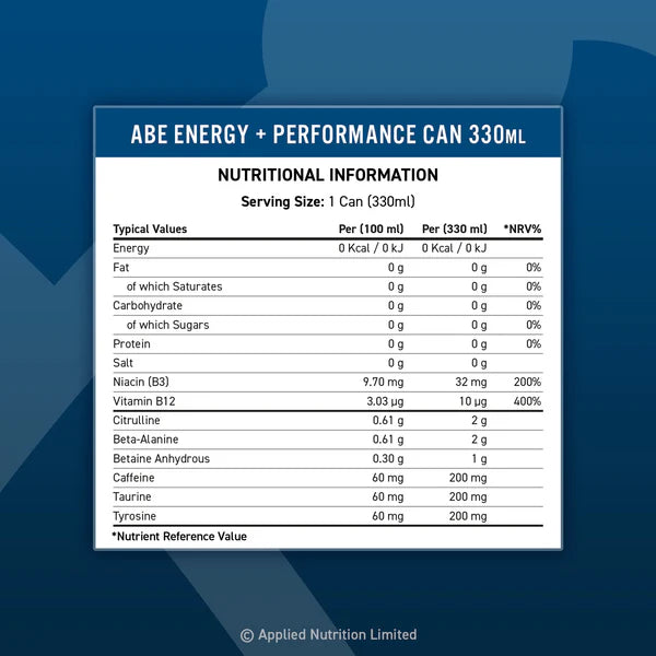 ABE Energy Performance Can 330ml nutritionals label showing supplement facts and ingredients