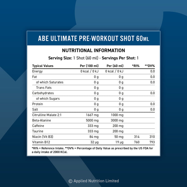 ABE Ultimate Pre-Workout Shot 60ml nutritionals label showing supplement facts and dosage