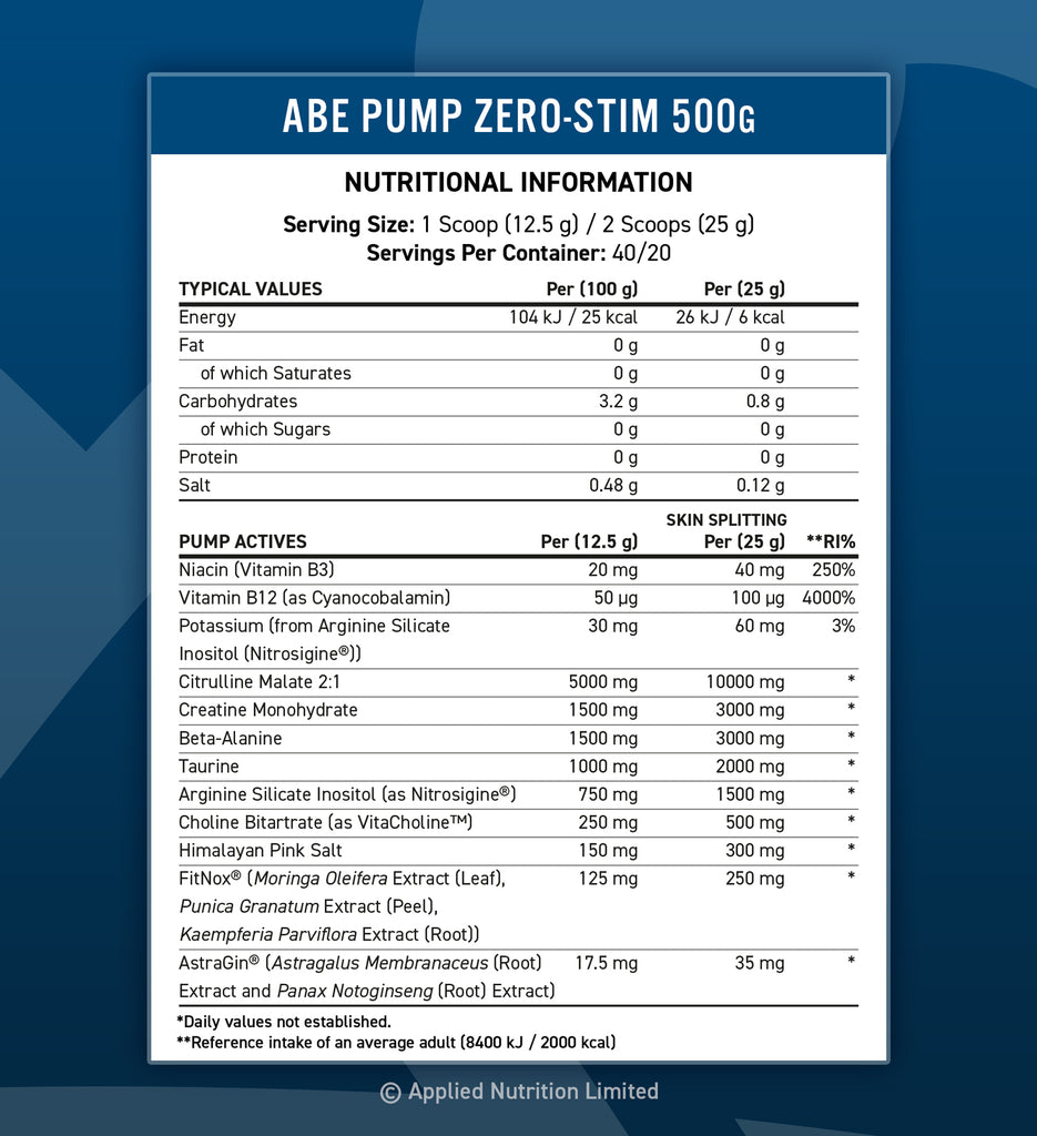 ABE Pump Stim-Free 500g supplement facts nutritionals label with full ingredient profile