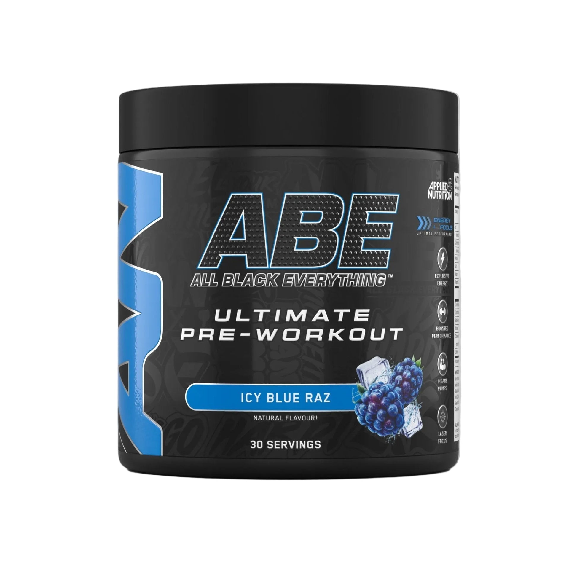 Applied Nutrition ABE Ultimate Pre-Workout 375g Icy Blue Raspberry flavour black tub