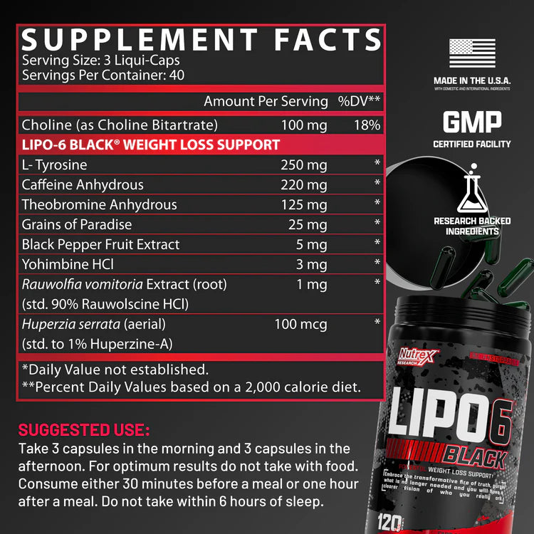Nutrex Lipo 6 Black thermogenic fat burner 120 capsules product lifestyle display image
