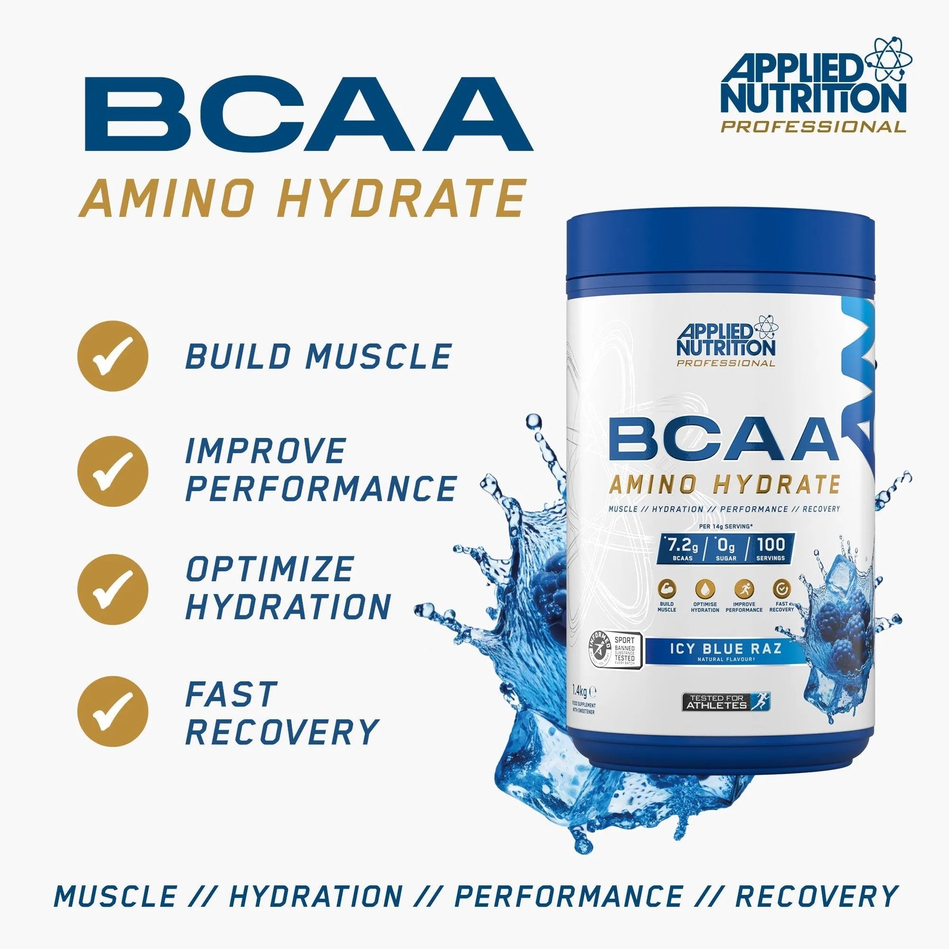 BCAA 1.4kg Blue BCAA Amino Hydrate supplement info panel with key benefit highlights