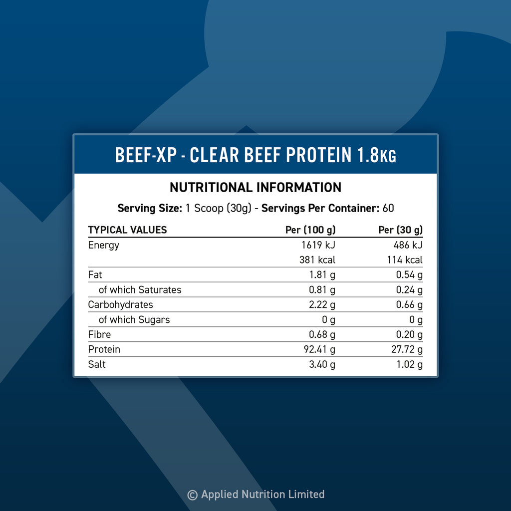 BEEF-XP 1.8kg supplement nutritionals facts label with protein content and ingredient list