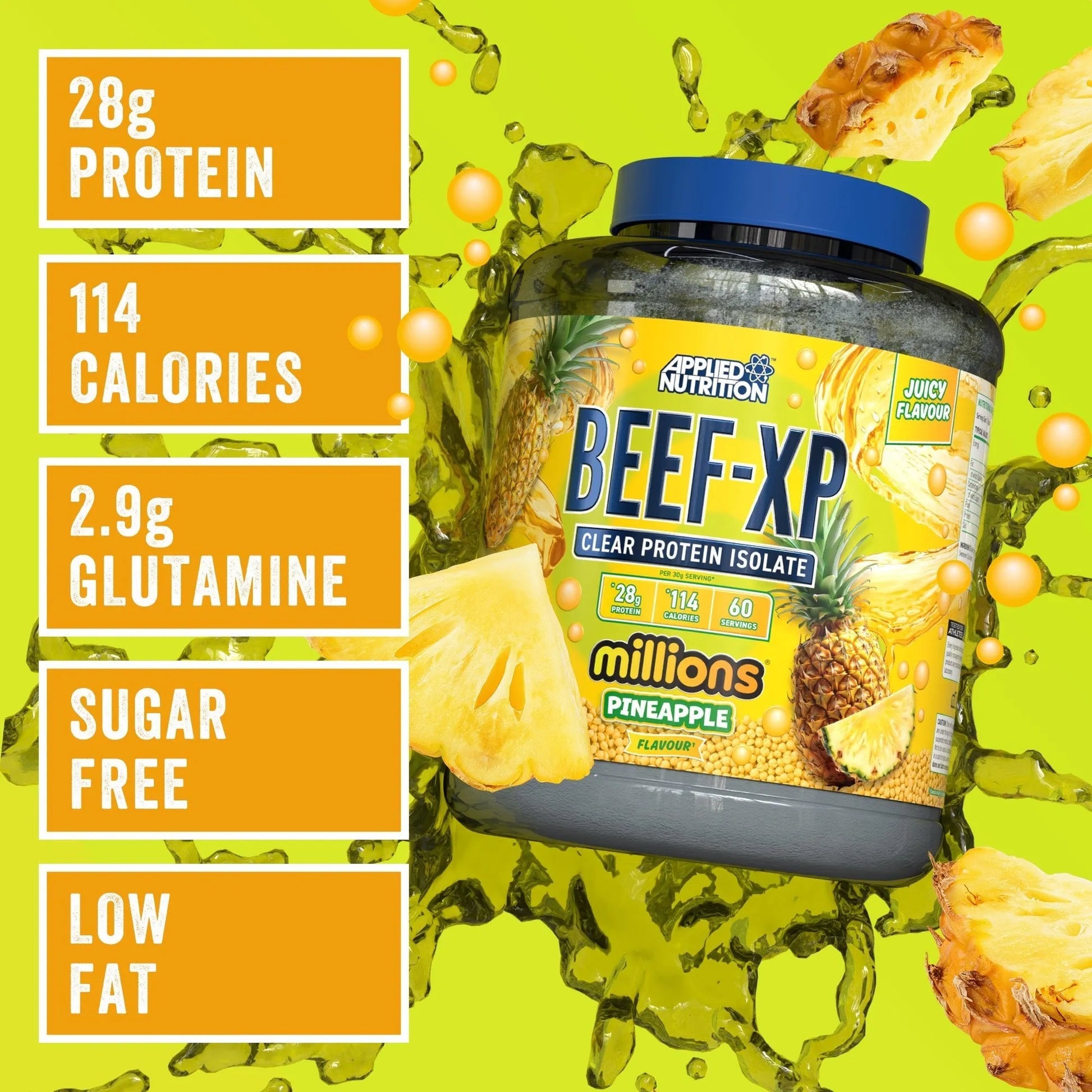 BEEF-XP 1.8kg Millions Pineapple flavour clear beef protein isolate supplement container