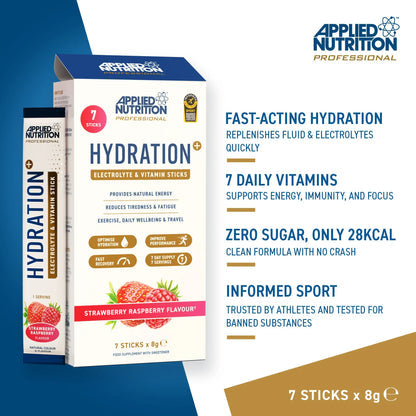 Key benefits of Applied Nutrition Hydration Plus Electrolyte Powder including hydration and vitamin support