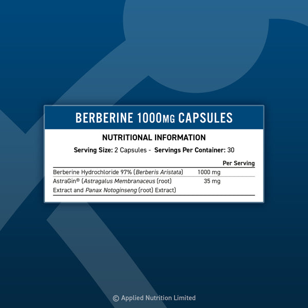 Berberine 1000mg capsules supplement facts nutritionals label with dosage information