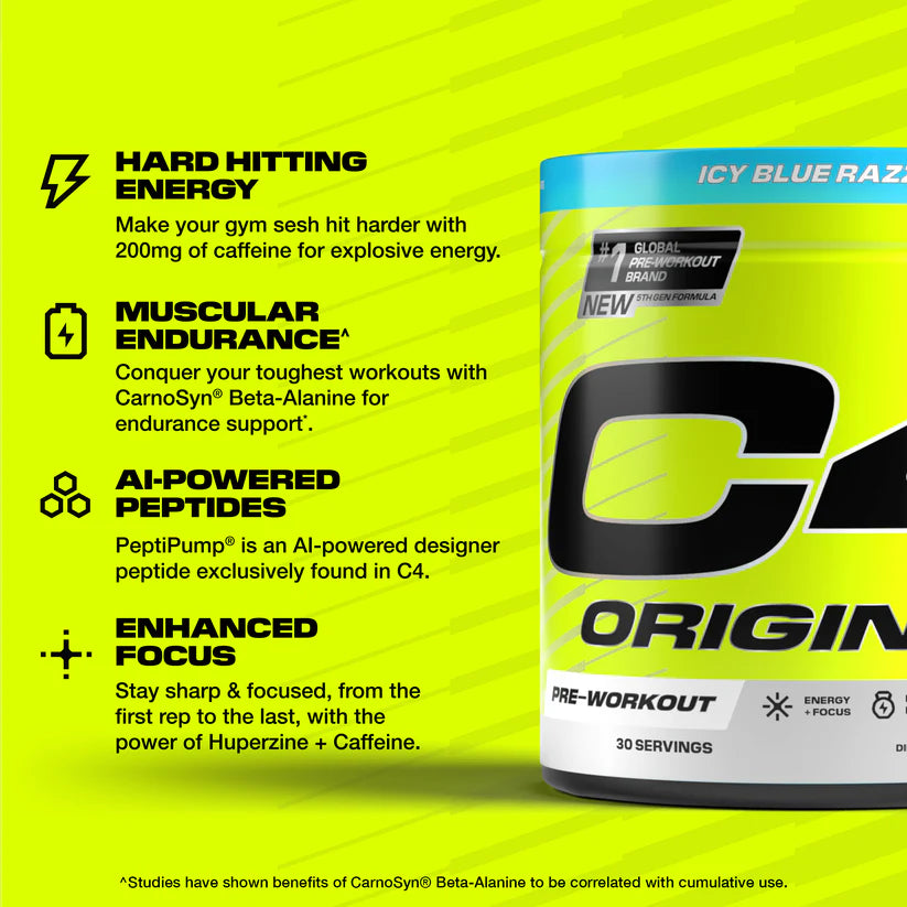 C4 Original Pre-Workout 282g benefits callout image highlighting key energy performance features