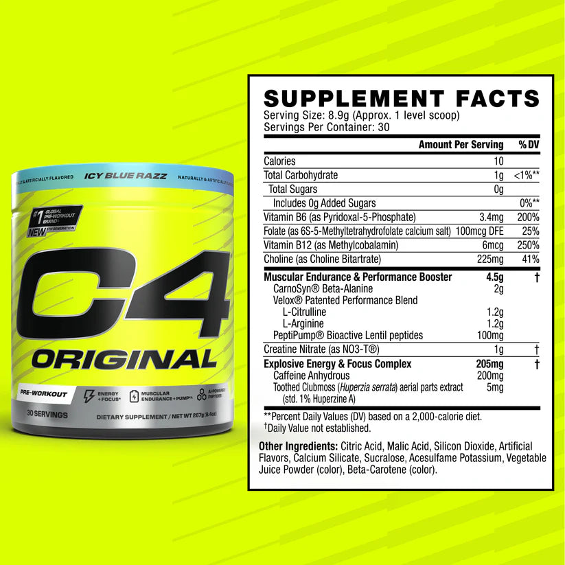 C4 Original Pre-Workout nutrition facts label showing beta-alanine and caffeine supplement info