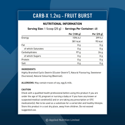 Applied Nutrition Carb X 1.2kg fruit burst nutritional facts label with carbohydrate details