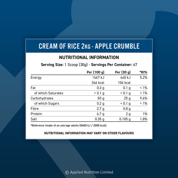 Applied Nutrition Cream of Rice 2kg nutritional facts label with macros and serving size
