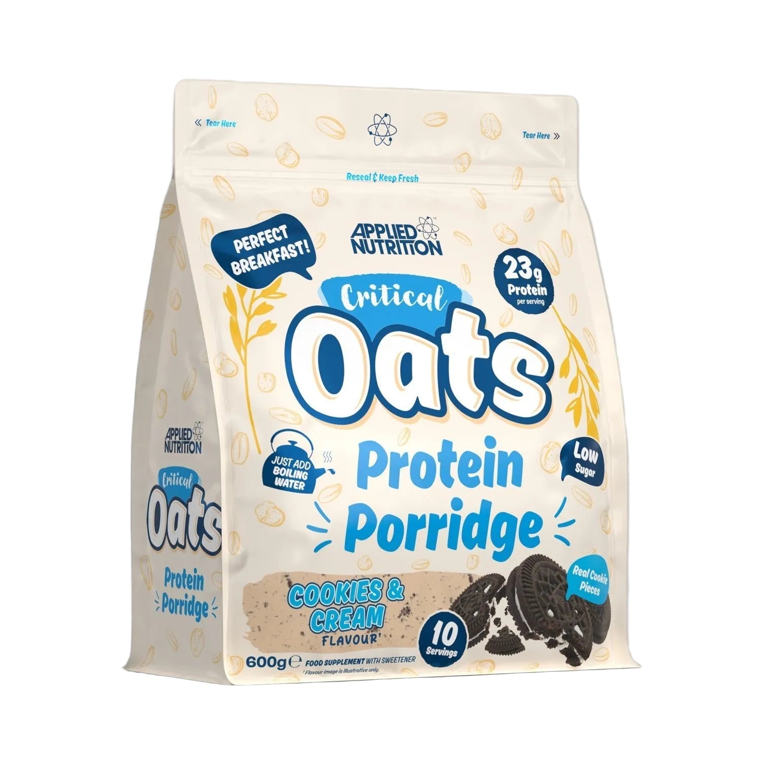 Applied Nutrition Critical Oats Protein Porridge 600g Cookies and Cream flavour, indulgent protein breakfast
