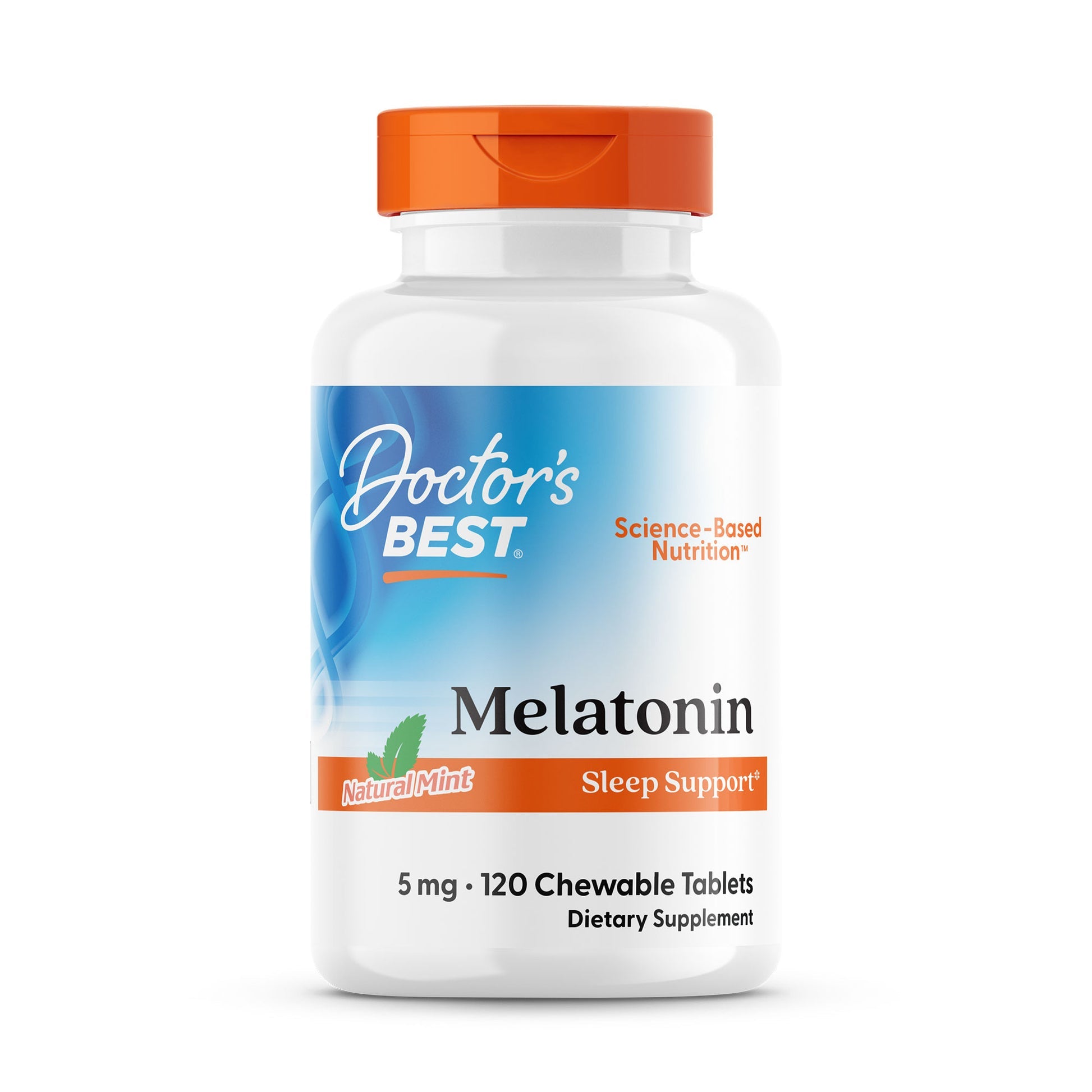 Doctor's Best Melatonin 5mg Natural Mint 120 chewable tablets front bottle packaging for sleep