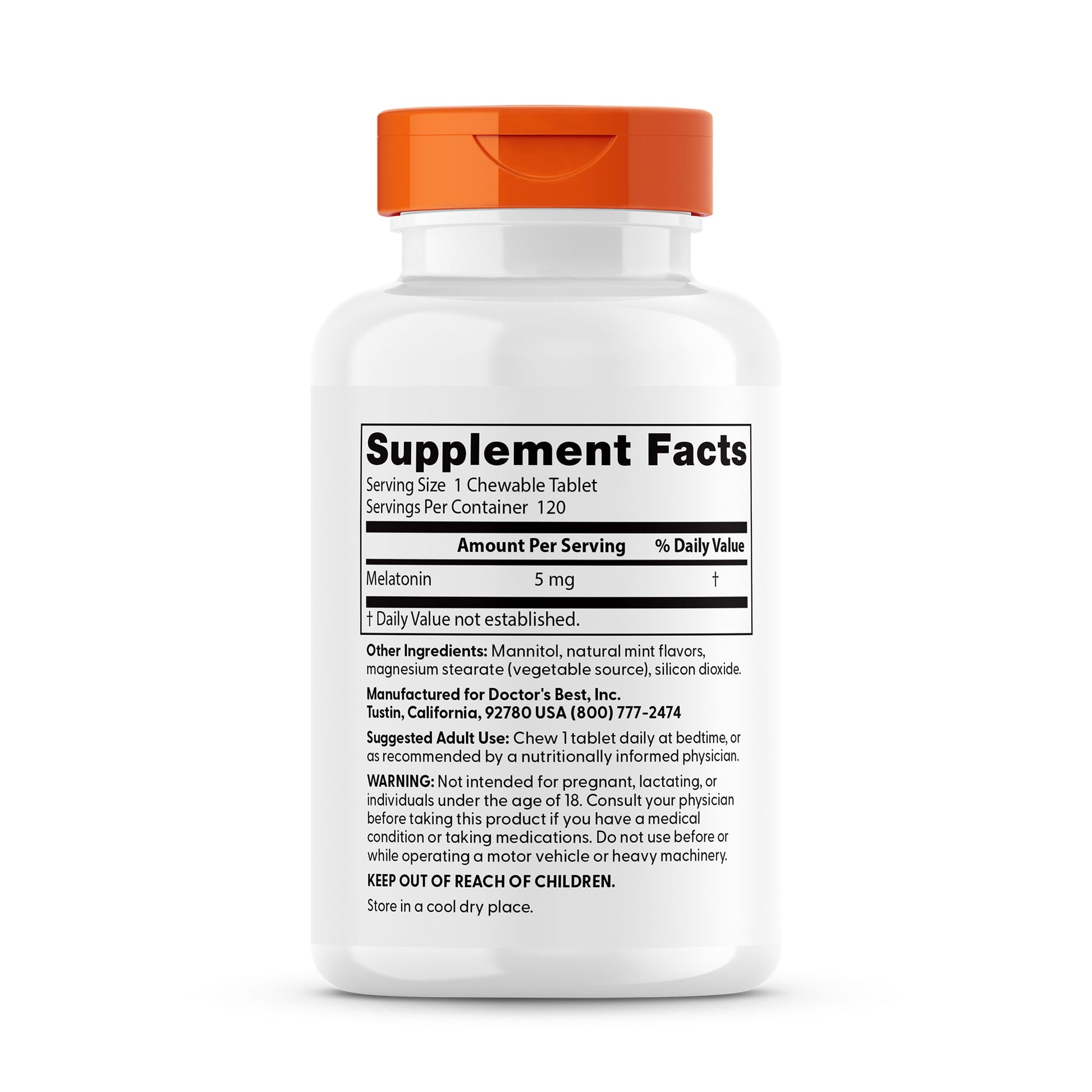 Doctor's Best Melatonin 5mg chewable tablets supplement facts panel with serving information