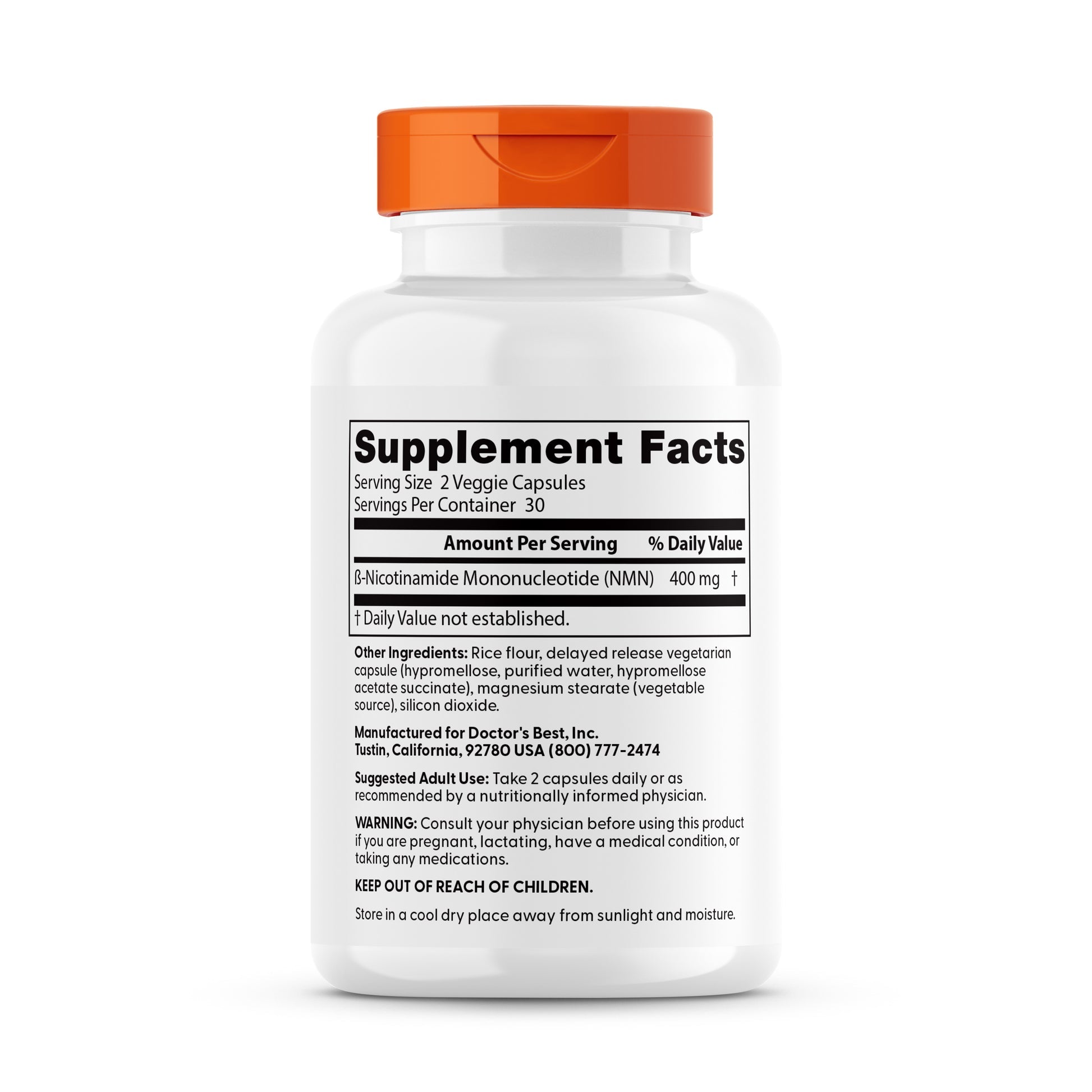 Doctor's Best NMN supplement facts label showing 400mg NMN per serving nutritional breakdown