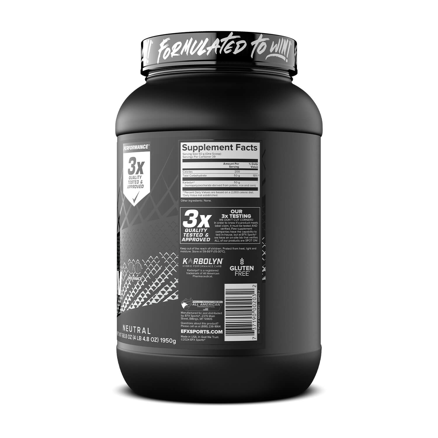 EFX Sports Karbolyn Fuel 2kg Neutral flavor container right side panel and label detail