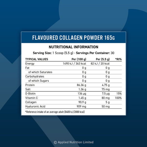 Flavoured Collagen Powder 165g supplement nutritionals label with full ingredient profile