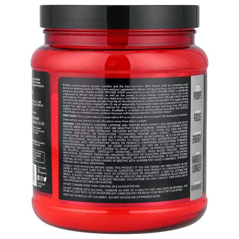 BSN NO-Xplode Vaso Pump supplement facts label showing nitric oxide pump ingredients