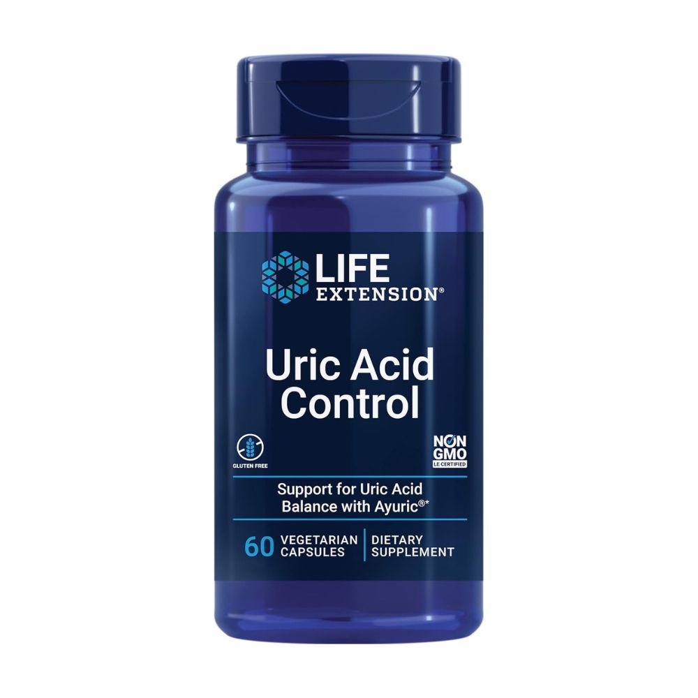 Life Extension Uric Acid Control supplement front bottle for healthy uric acid levels