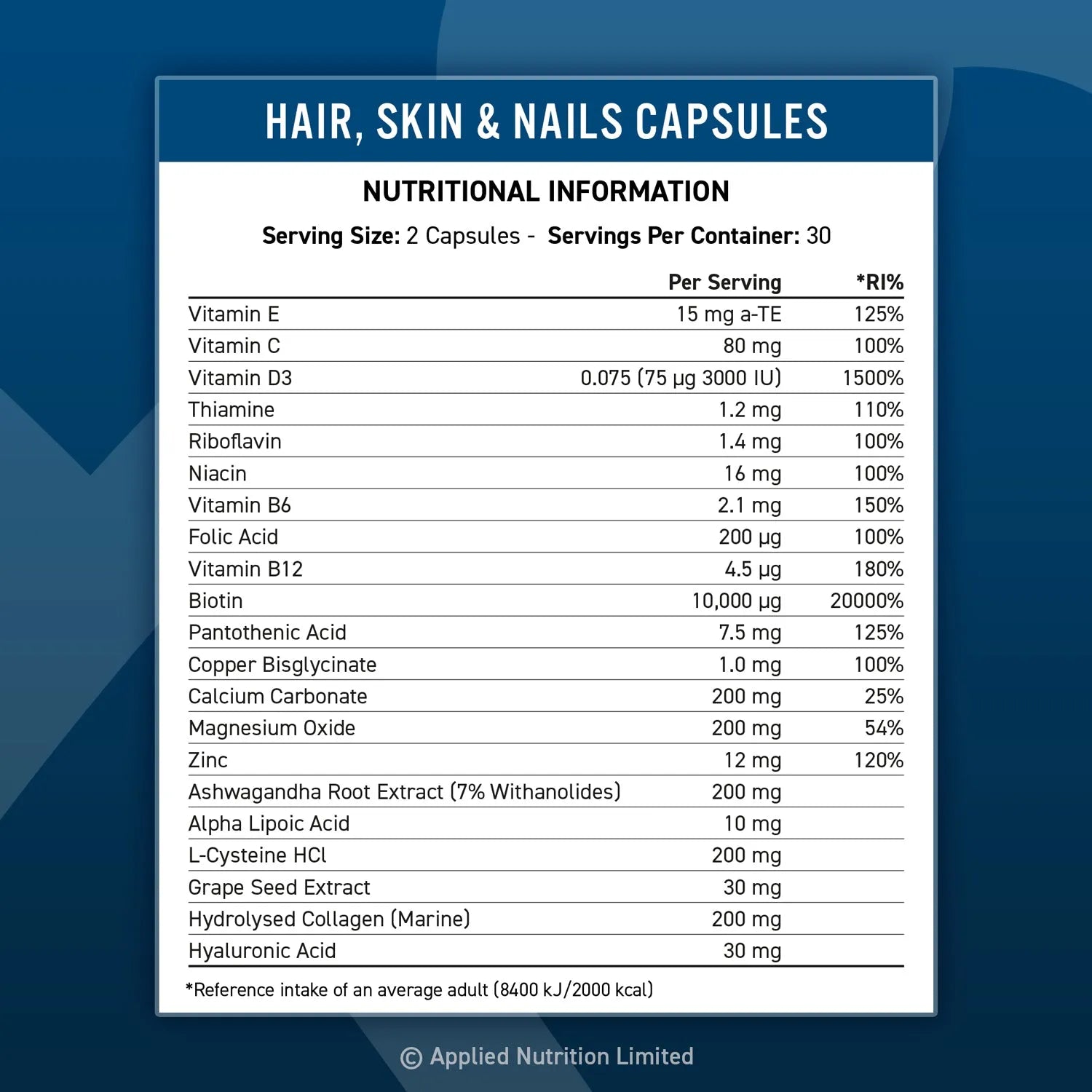 Applied Nutrition Hair Skin and Nails supplement facts label showing vitamins, biotin and collagen blend
