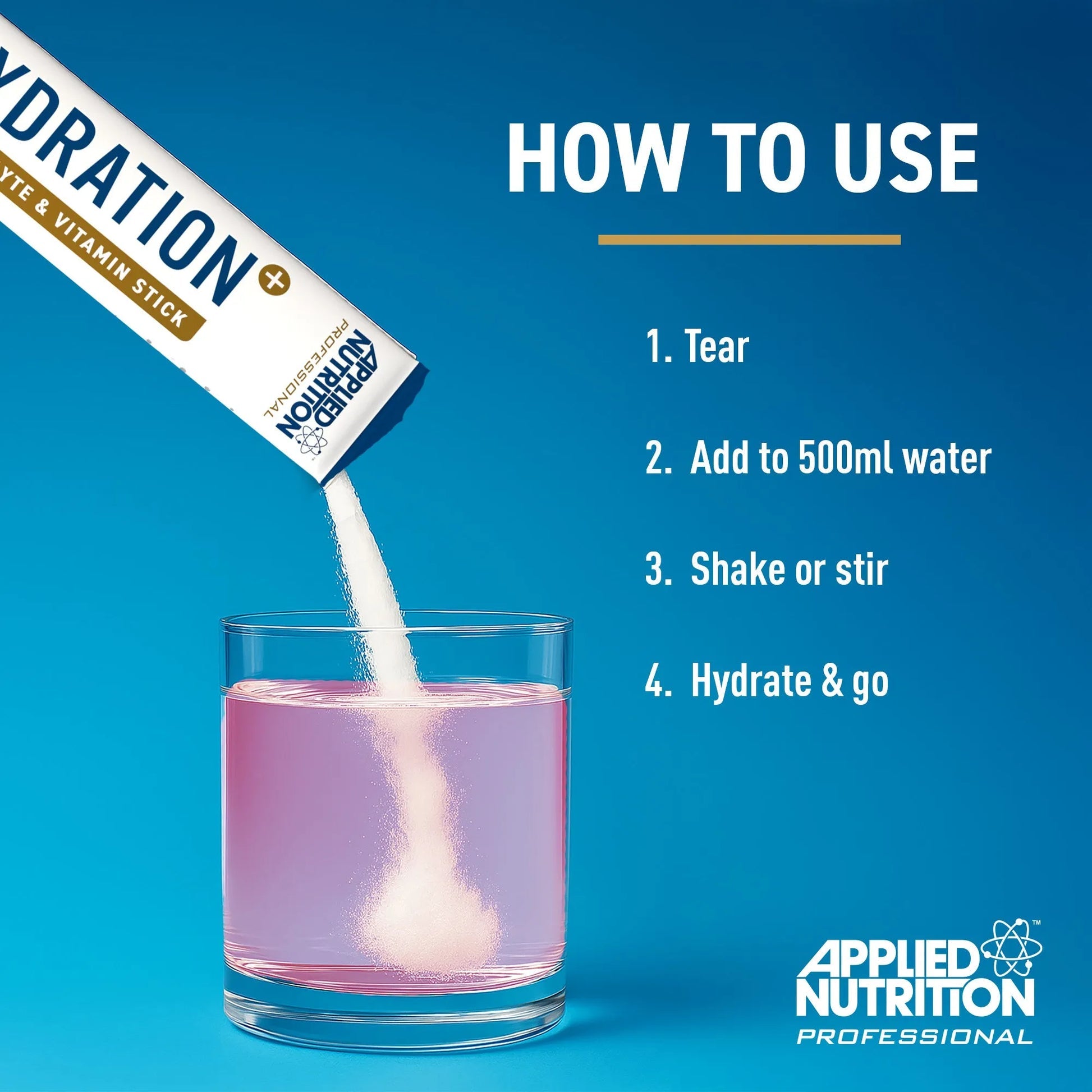 How to use Applied Nutrition Hydration Plus Electrolyte Vitamin Stick Pack, mix-in-water directions guide