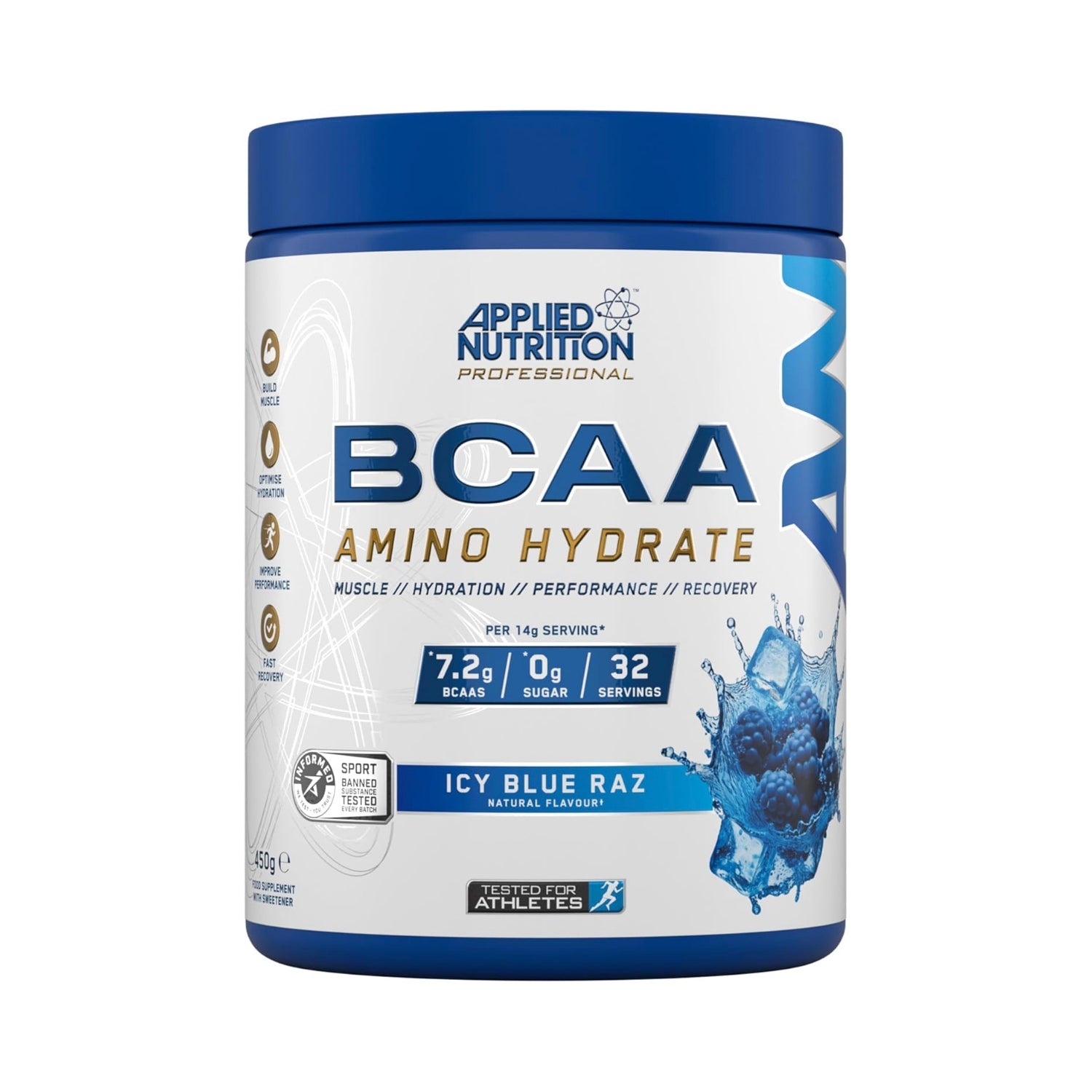 BCAA Amino Hydrate supplement tub back panel showing ingredients and amino acid content