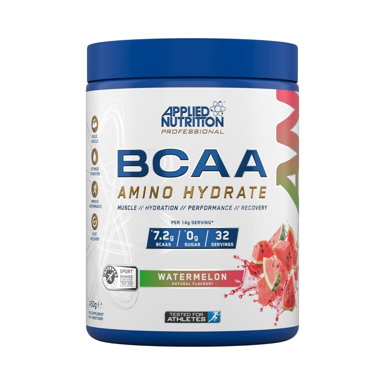 Applied Nutrition BCAA Amino Hydrate powder container side angle close-up product detail