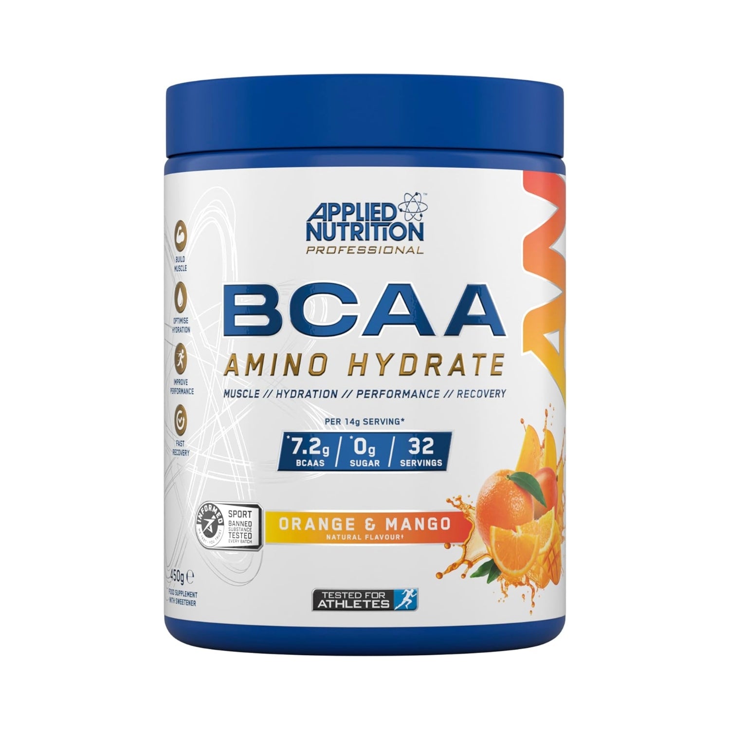 BCAA Amino Hydrate supplement packaging detail view with branding and flavour information
