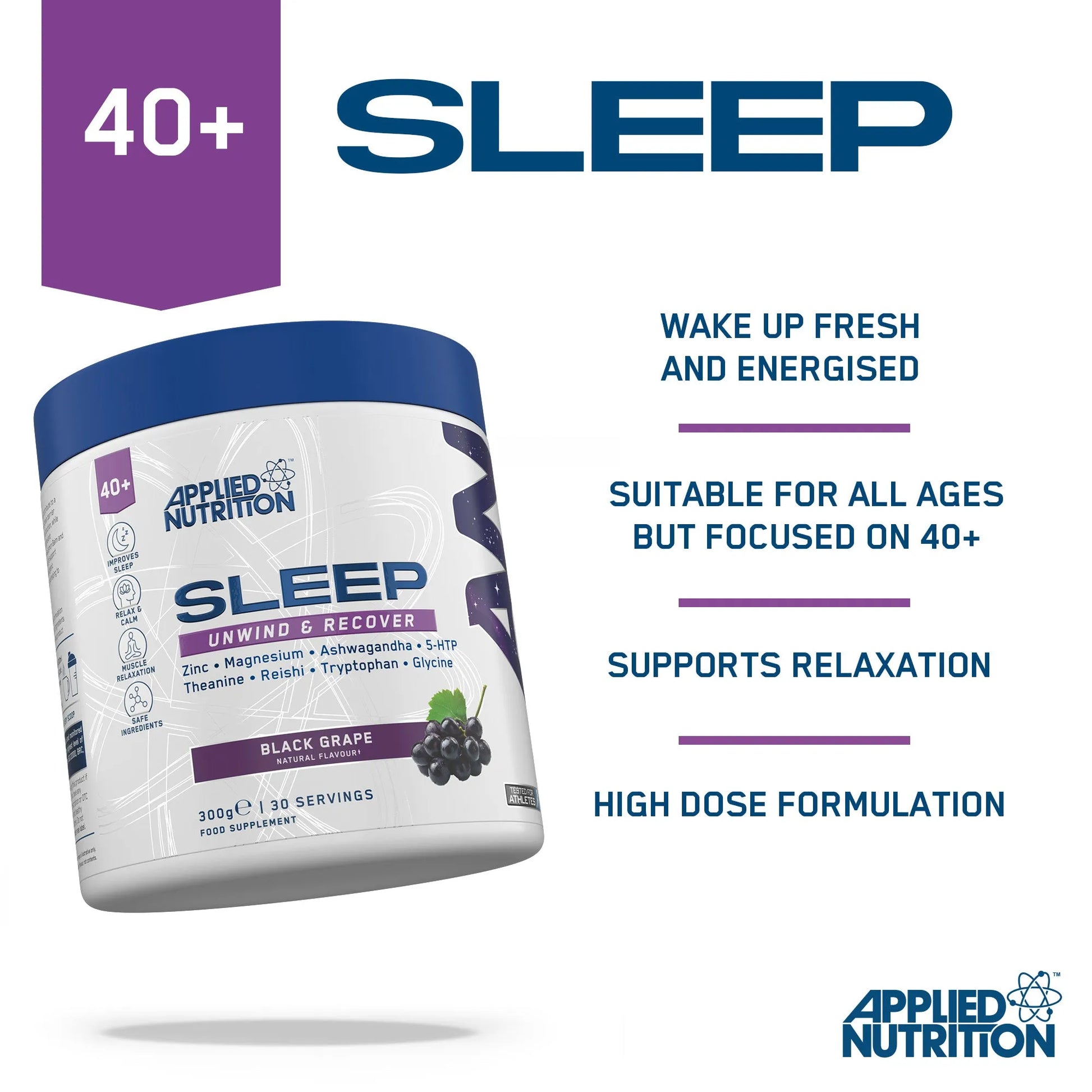 Applied Nutrition Sleep Support additional benefits panel showing natural sleep aid ingredients