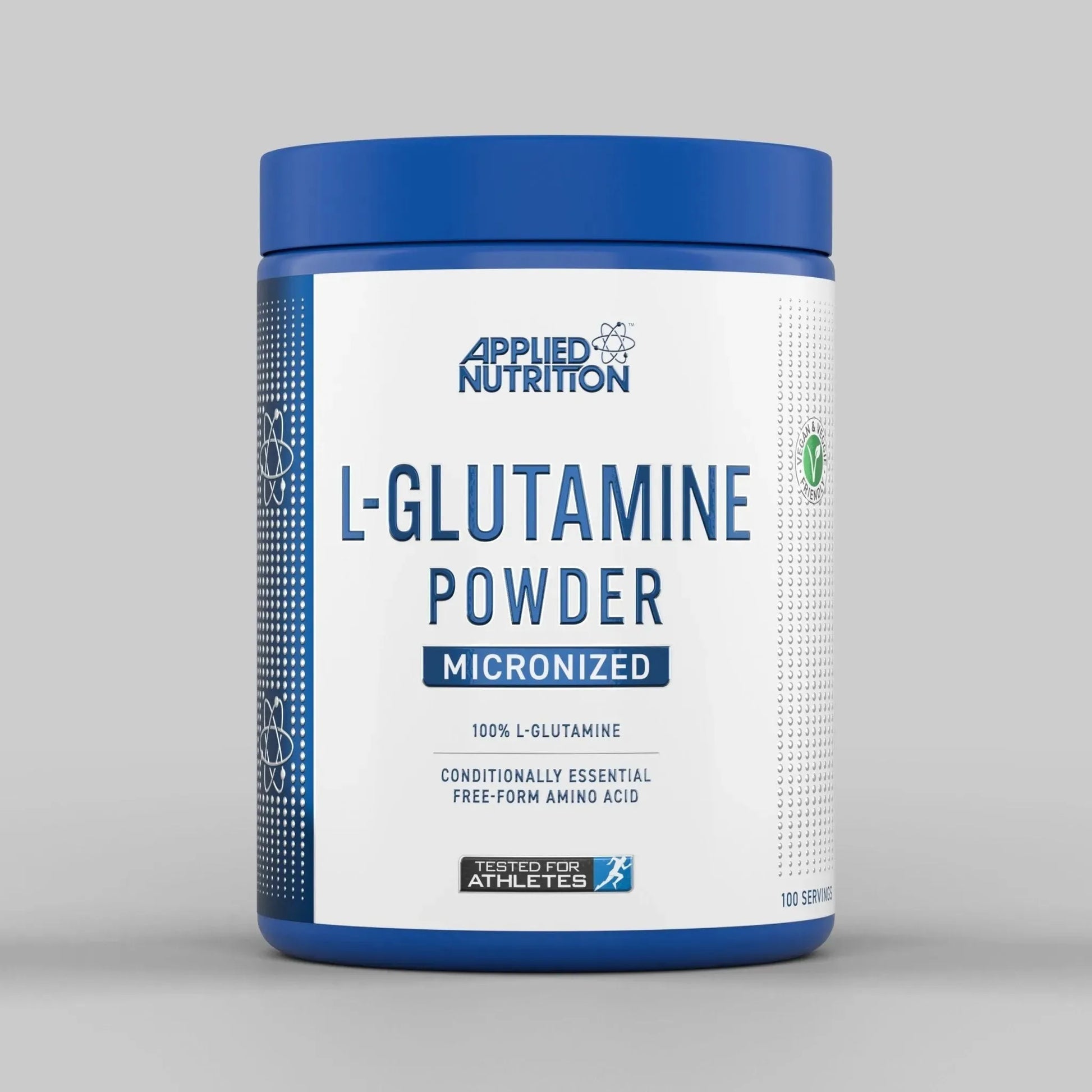 Applied Nutrition L-Glutamine Powder 500g container, high-purity amino acid for gut and muscle support