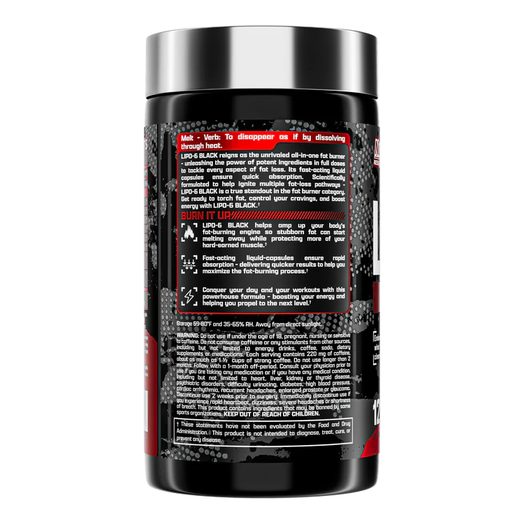 Nutrex Lipo 6 Black 120 caps supplement facts and nutrition label ingredient panel view