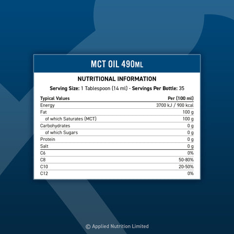 MCT Oil 490ml coconut-derived supplement nutritionals label with serving size and fat info