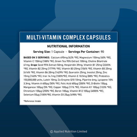 Applied Nutrition Multi-Vitamin Complex capsules nutritional panel showing full vitamin and mineral profile