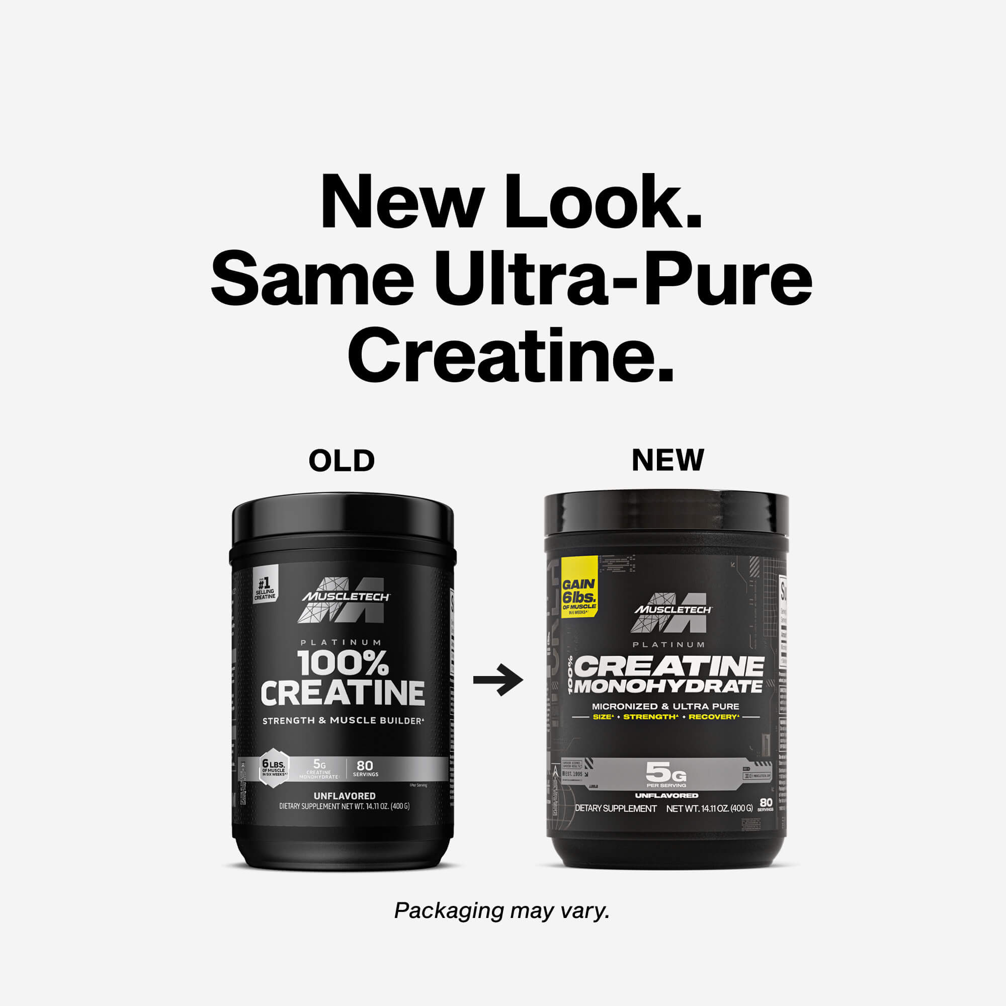MuscleTech Platinum Creatine unflavored 400g detail view with performance benefit callouts