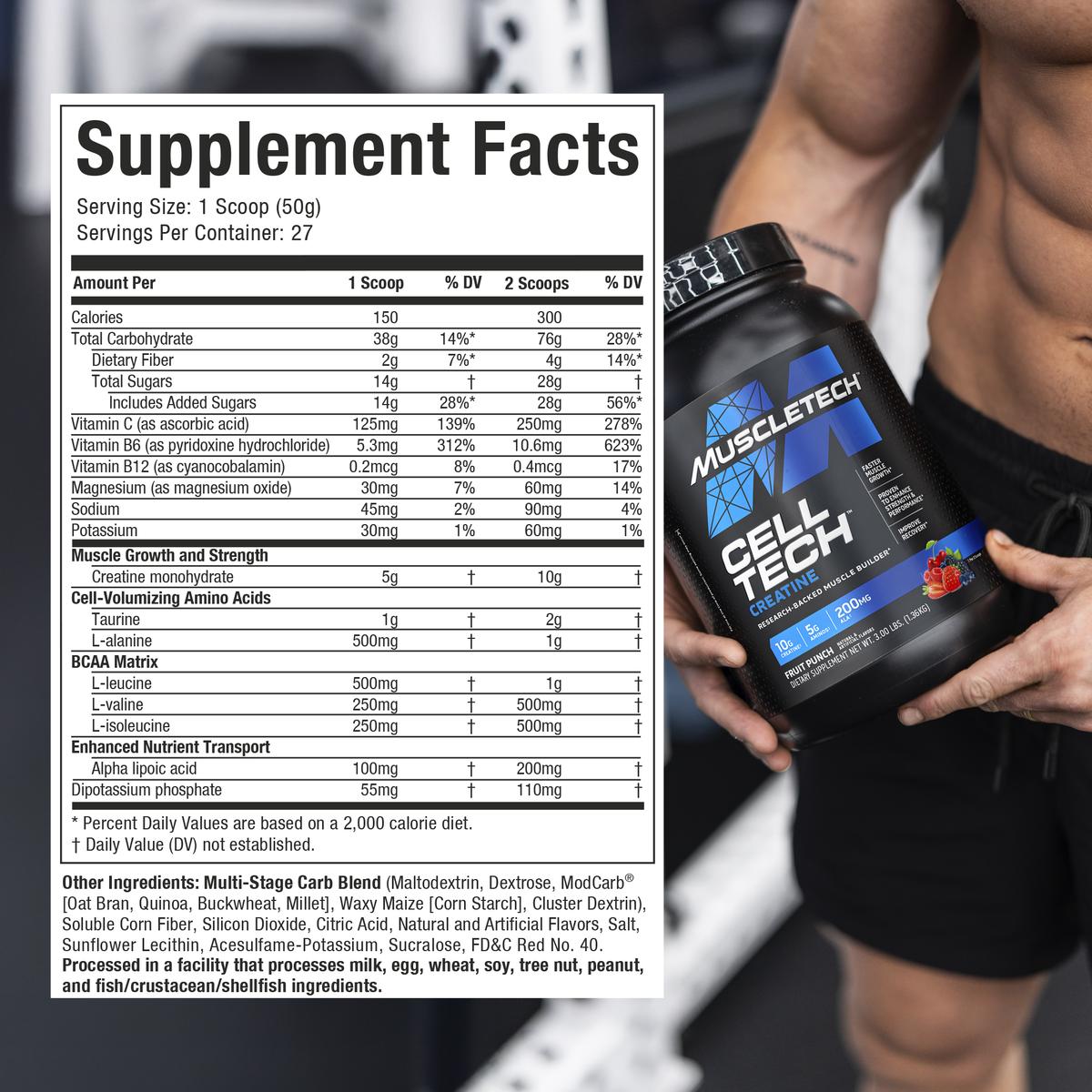 MuscleTech Cell-Tech Creatine fruit punch 3lb side panel with key benefit callouts