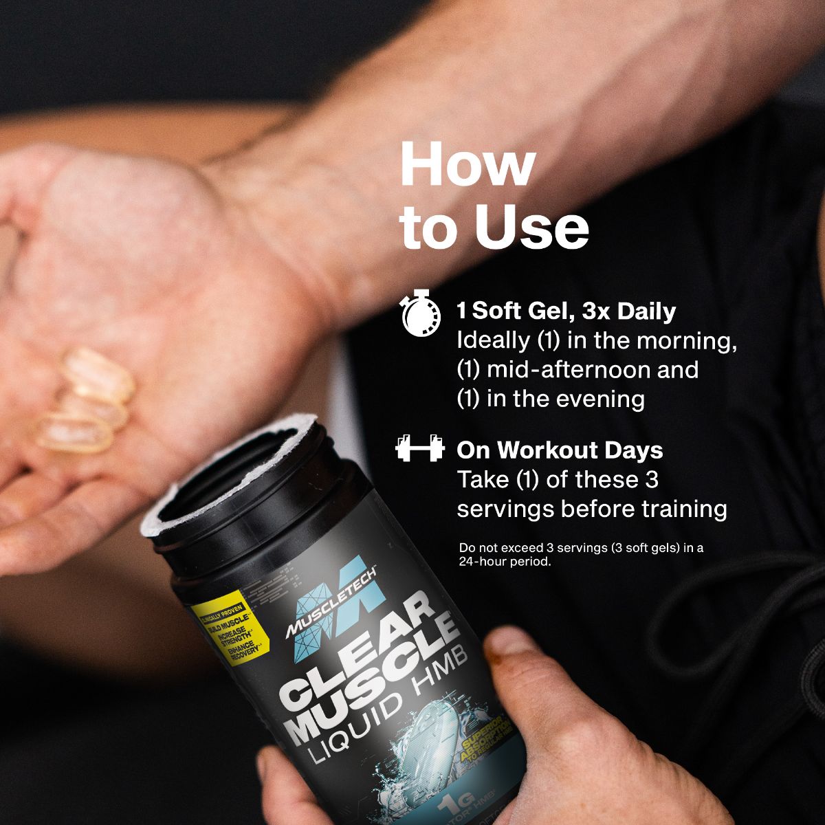 MuscleTech Clear Muscle 42 softgels back label with serving size and usage instructions