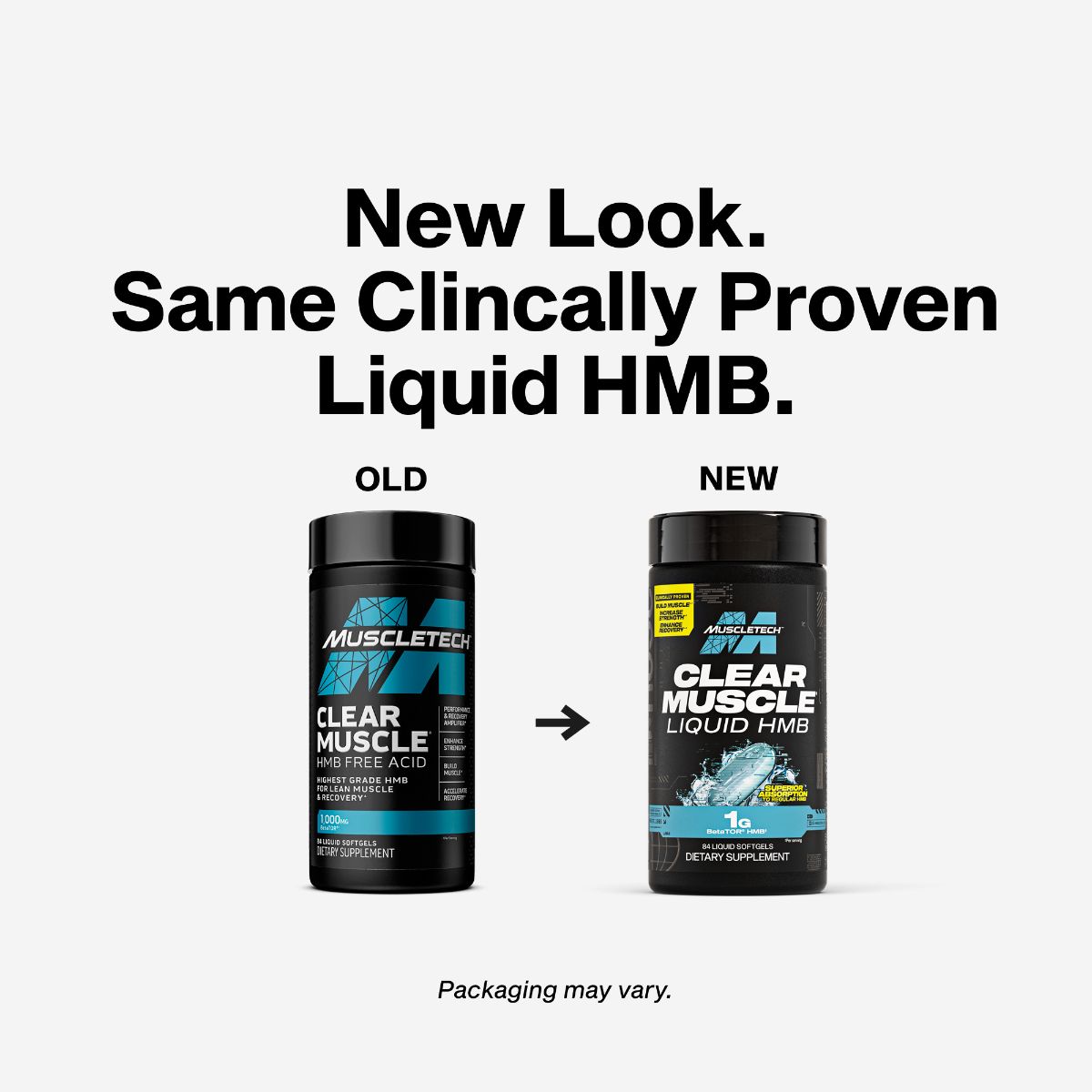 MuscleTech Clear Muscle HMB supplement angled lifestyle product view 42 softgels