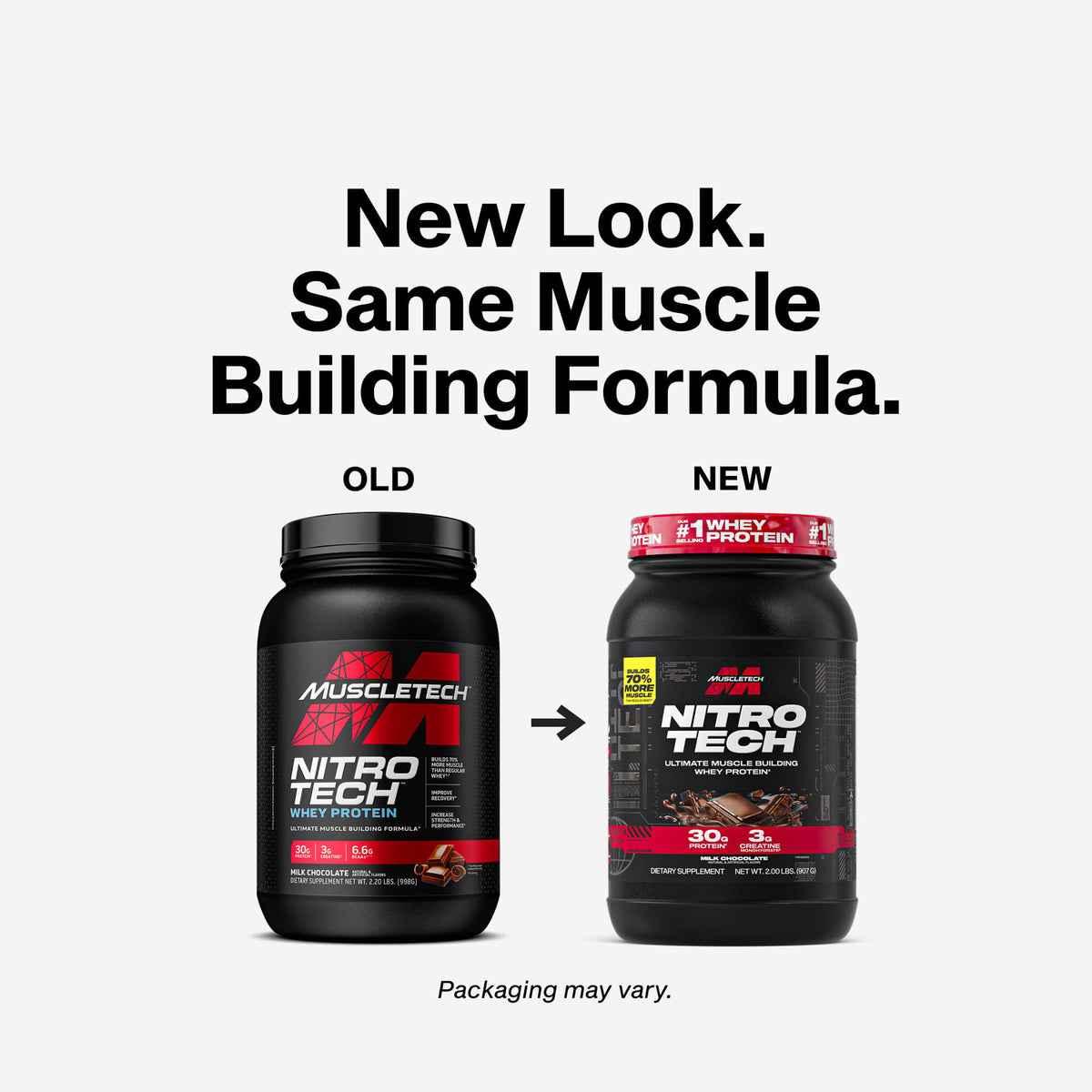 MuscleTech Nitro Tech 4lb whey protein lifestyle product detail showing macro breakdown