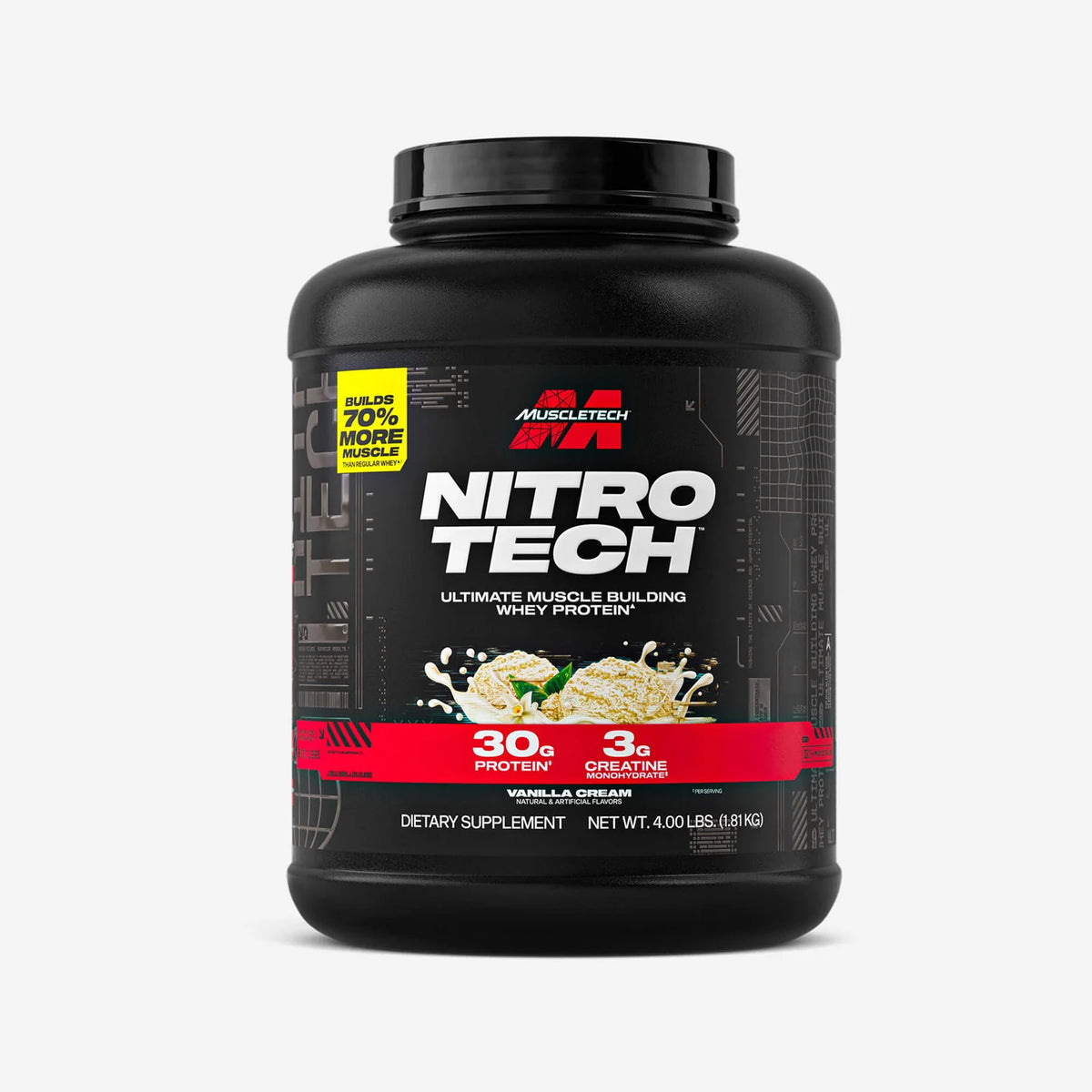 MuscleTech Nitro Tech 4lb vanilla flavor whey protein powder angled container view