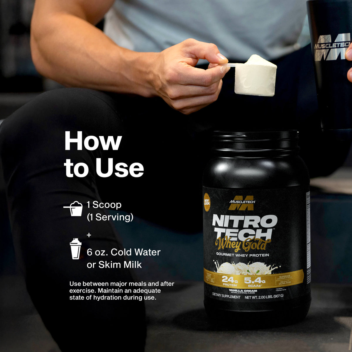 MuscleTech Nitro Tech 100% Whey Gold 2lb side panel detail view with usage instructions
