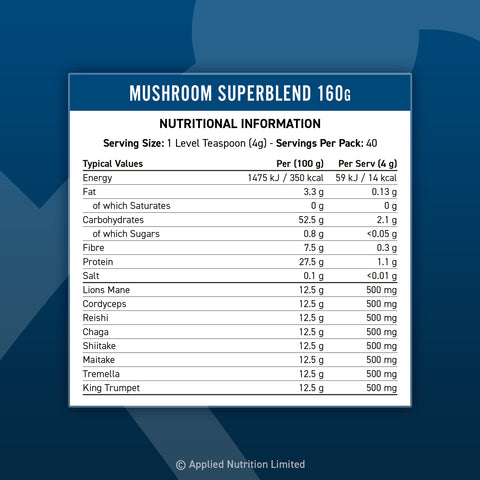 Applied Nutrition Mushroom Superblend 160g nutritional information panel showing mushroom extract content