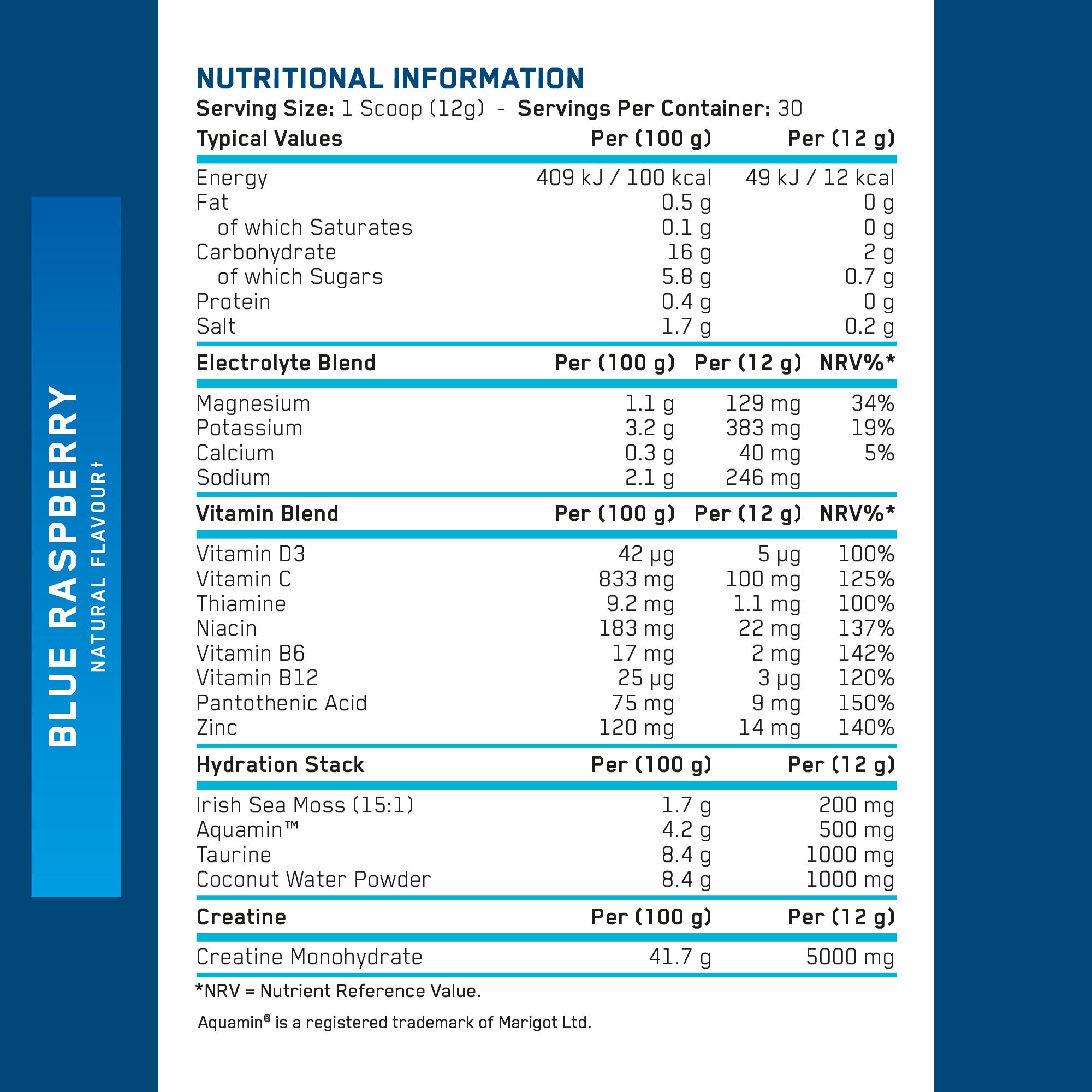 Creatine Hydration Professional Blue Raspberry nutritionals label with supplement facts